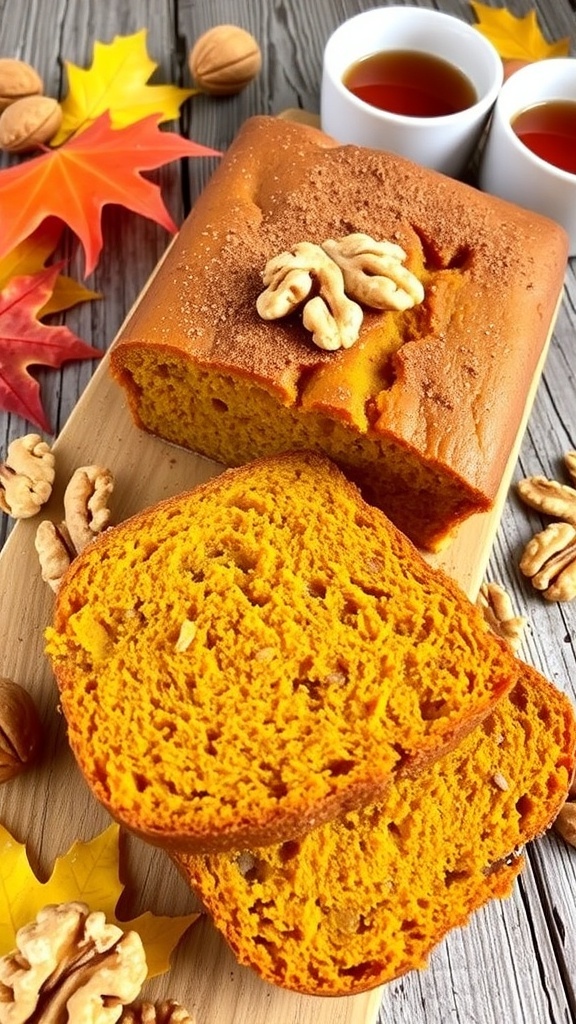 A loaf of gluten-free pumpkin bread sliced, showcasing its moist texture, on a rustic wooden table with autumn leaves.